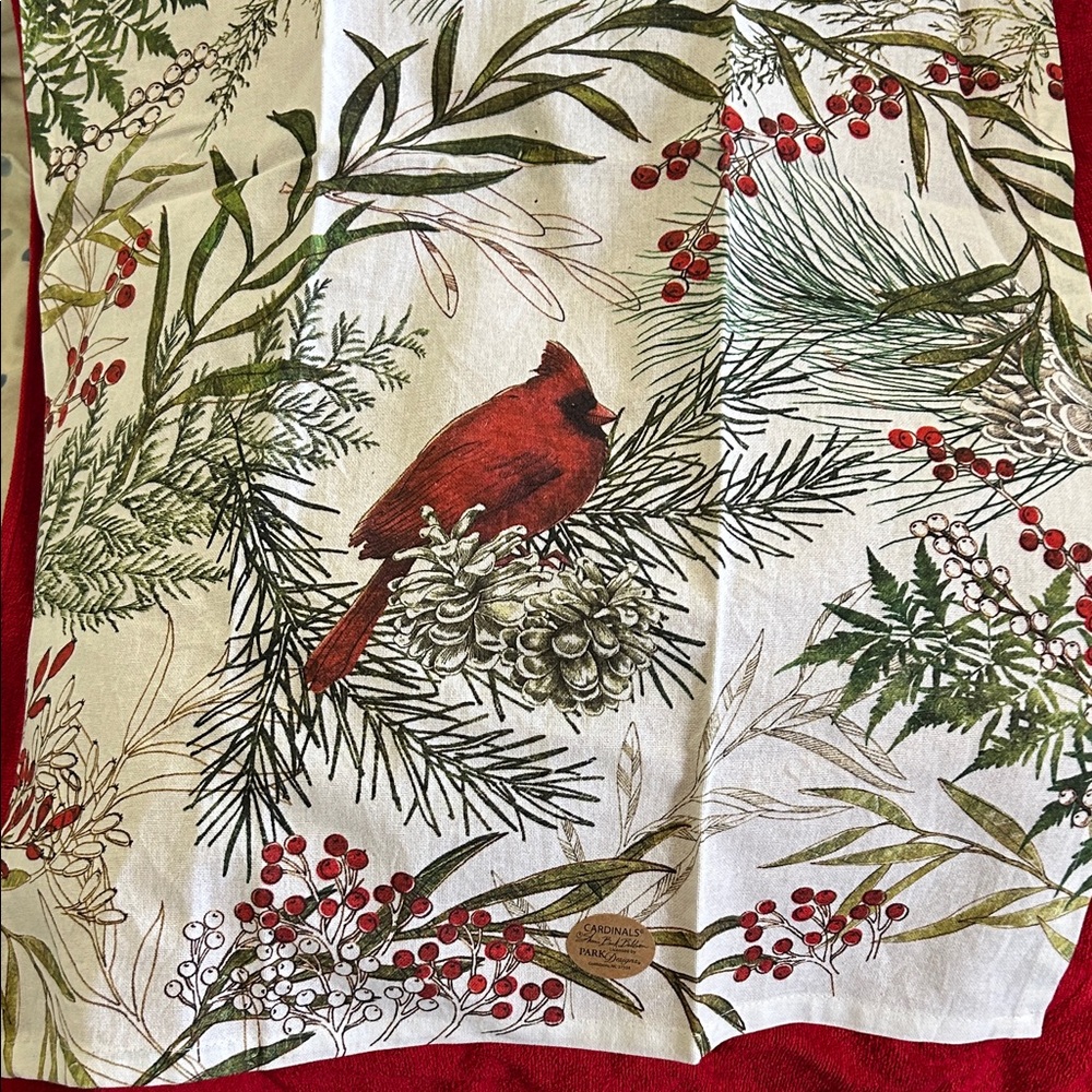Holiday Cardinal Cotton Dishcloth -Red & Green 18x 27 Sheri Buck Baldwin design